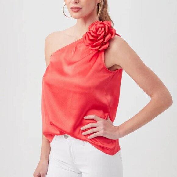 Trina Turk 'Solaro' One-Shoulder Hammered-Satin Top, Capri Coral - Picture 2 of 3
